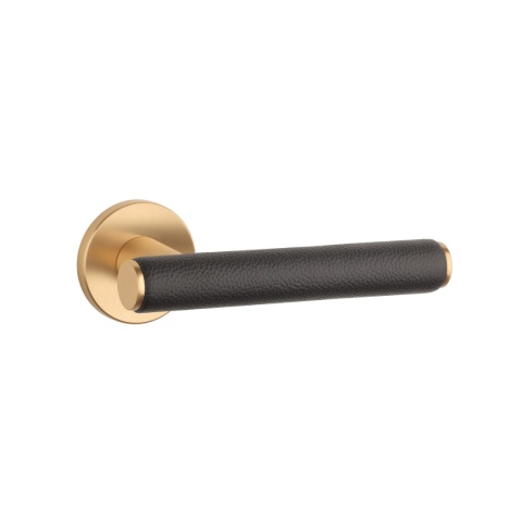 Klamka Aprile Egeria R Slim 7mm KG / BROWN LEATHER złoty matowy / brązowa skóra na rozecie okrągłej Enger