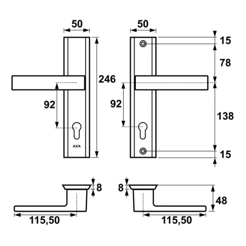Klamko Klamka AXA Haga ++ F1 srebrna rozstaw 92 mm Klamko Klamka AXA Haga ++ F1 srebrna rozstaw 92 mm