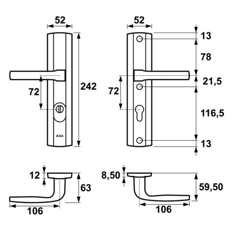 Klamko Klamka AXA Prestige Flex ++ F9 tytan rozstaw 72 mm