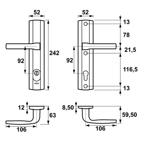 Klamko Klamka AXA Prestige Flex ++ F9 tytan rozstaw 92 mm Klamko Klamka AXA Prestige Flex ++ F9 tytan rozstaw 92 mm