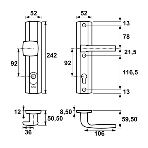 Klamko Pochwyt AXA Prestige Flex ++ F9 tytan rozstaw 92 mm Klamko Pochwyt AXA Prestige Flex ++ F9 tytan rozstaw 92 mm