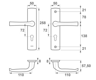 Klamko Klamka AXA Manitoba ++ F6 inox rozstaw 72 mm