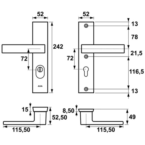 Klamko Klamka AXA Vermont Flex ++ F6 inox rozstaw 72 mm