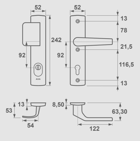 Klamko Pochwyt AXA Arrow Flex Premium ++ F6 inox rozstaw 92 mm