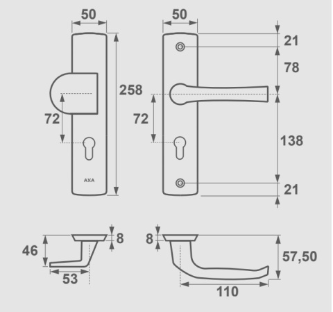 Klamko Pochwyt AXA Manitoba ++ F6 inox rozstaw 72 mm Klamko Pochwyt AXA Manitoba ++ F6 inox rozstaw 72 mm