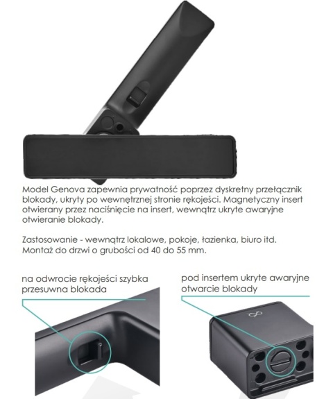 Klamka Genova Privato RT KGEA B00/MG00 HB czarna na szyldzie prostokątnym z ukrytą szybką blokadą Infinity Line